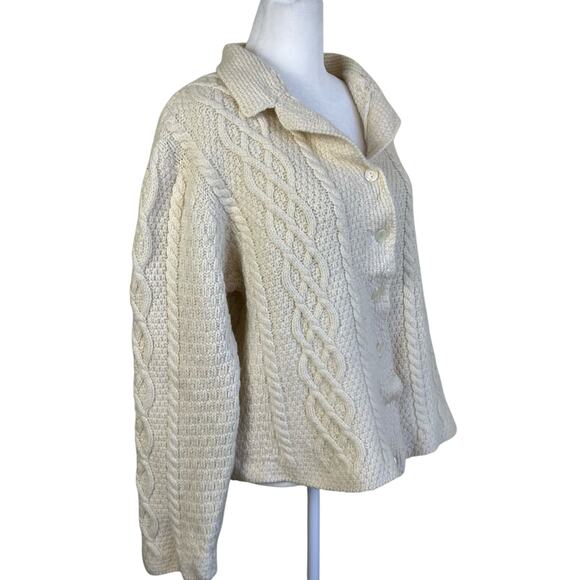 Paul James Sz L 100% Wool Chunky Cable Knit Cardigan Cream Fisherman Shrunken - Picture 3 of 16